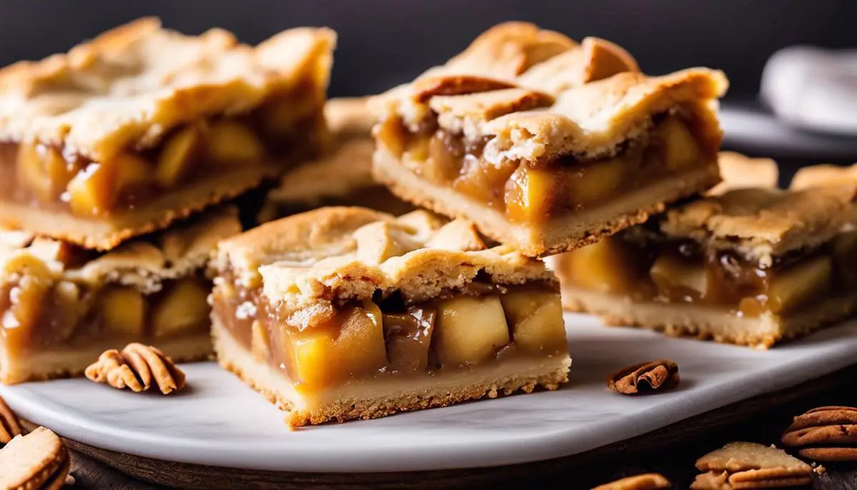 Image of apple pie cookie bars freshly baked, with a golden crust and chunks of apple filling, inspiring a mouth-watering sensation.