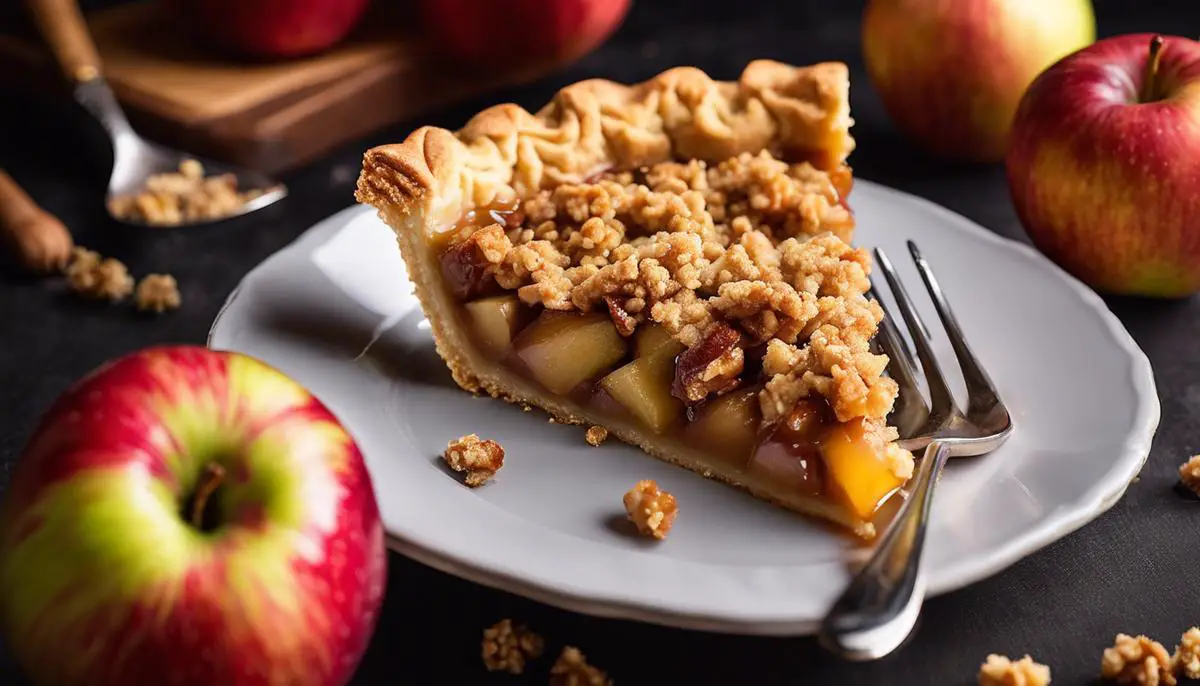 Image of a perfectly baked apple pie crunch with a golden crumble topping, revealing a juicy, tart-sweet filling inside