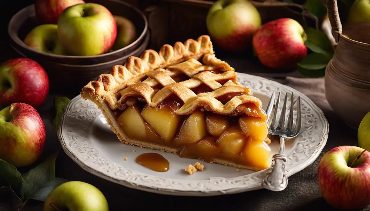 An image of a freshly baked apple pie, showcasing a golden lattice crust and gooey apple filling.