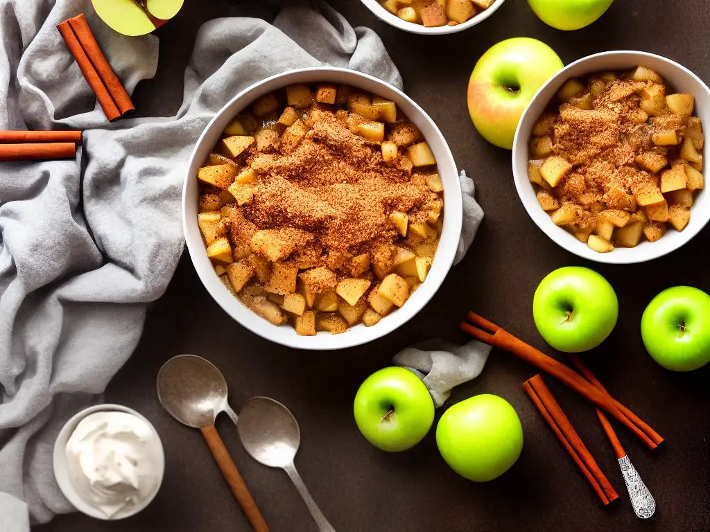 Apple pie filling in a bowl with apples, sugar, and cinnamon.