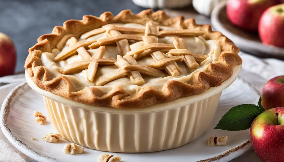 A creamy gelato with apple pie flavor, topped with spiced, buttery pie crust