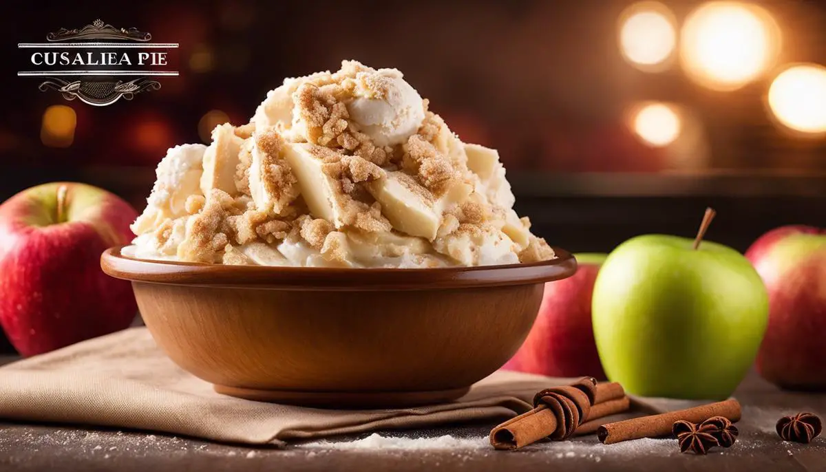 A scoop of delicious apple pie gelato, with a crumbled pie crust topping and a dusting of cinnamon on top.