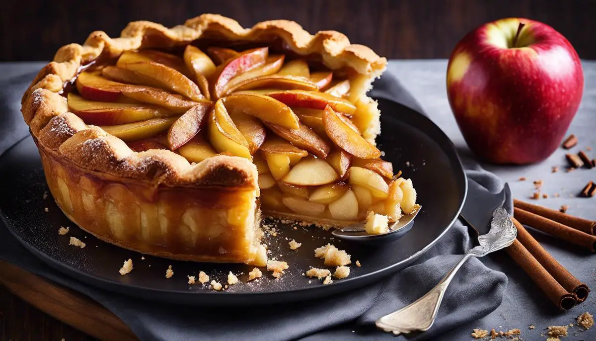 A beautifully baked apple pie with a golden crust, showing layers of sliced apples coated in caramelized sugar