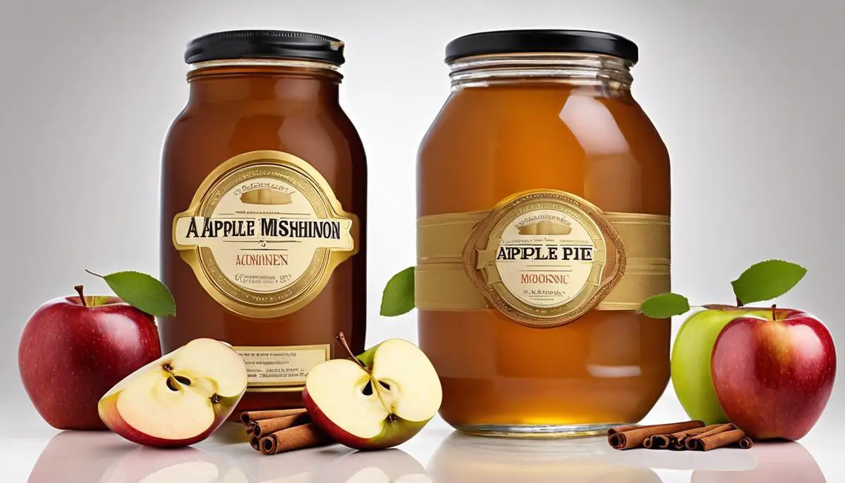 A glass jar filled with golden-colored apple pie moonshine surrounded by fresh apples and cinnamon sticks, representing the delicious flavors and ingredients used in making this delightful beverage.