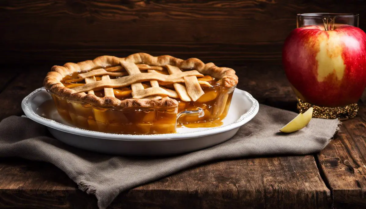 A glass of apple pie moonshine with a slice of apple pie on a wooden table