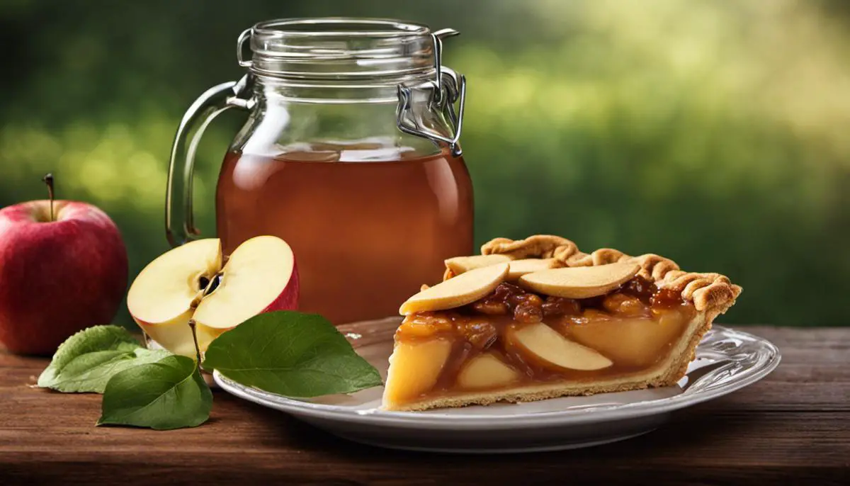 A delicious glass of apple pie moonshine with a slice of apple pie on the side.