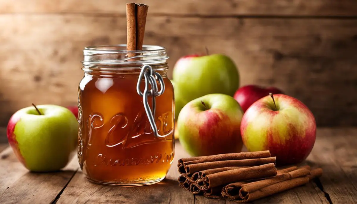 An image of a beautifully presented mason jar filled with apple pie moonshine, garnished with a cinnamon stick and apple slices.