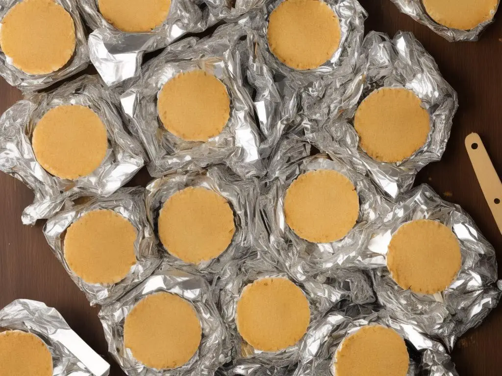 An image of apple pie slices being wrapped in plastic wrap and aluminum foil.