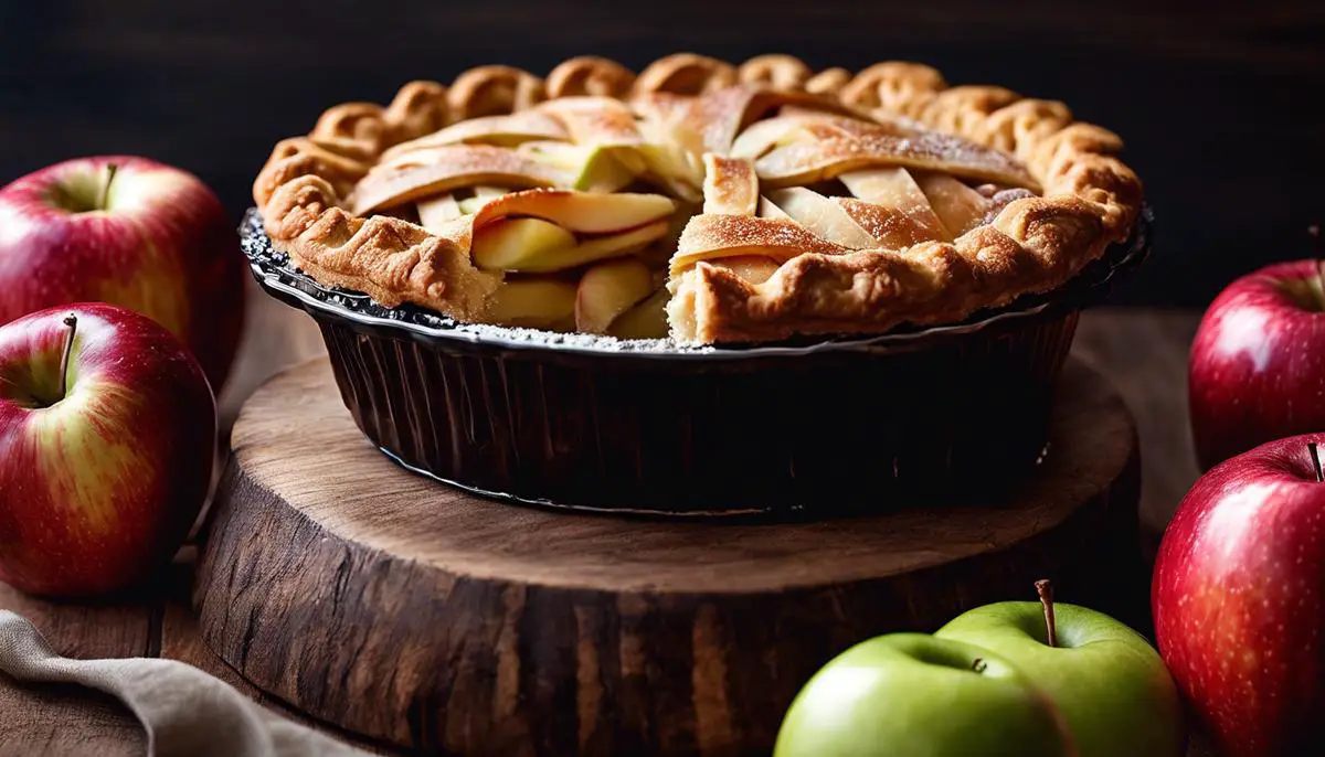 An image showcasing a variety of apple types used for an apple pie.