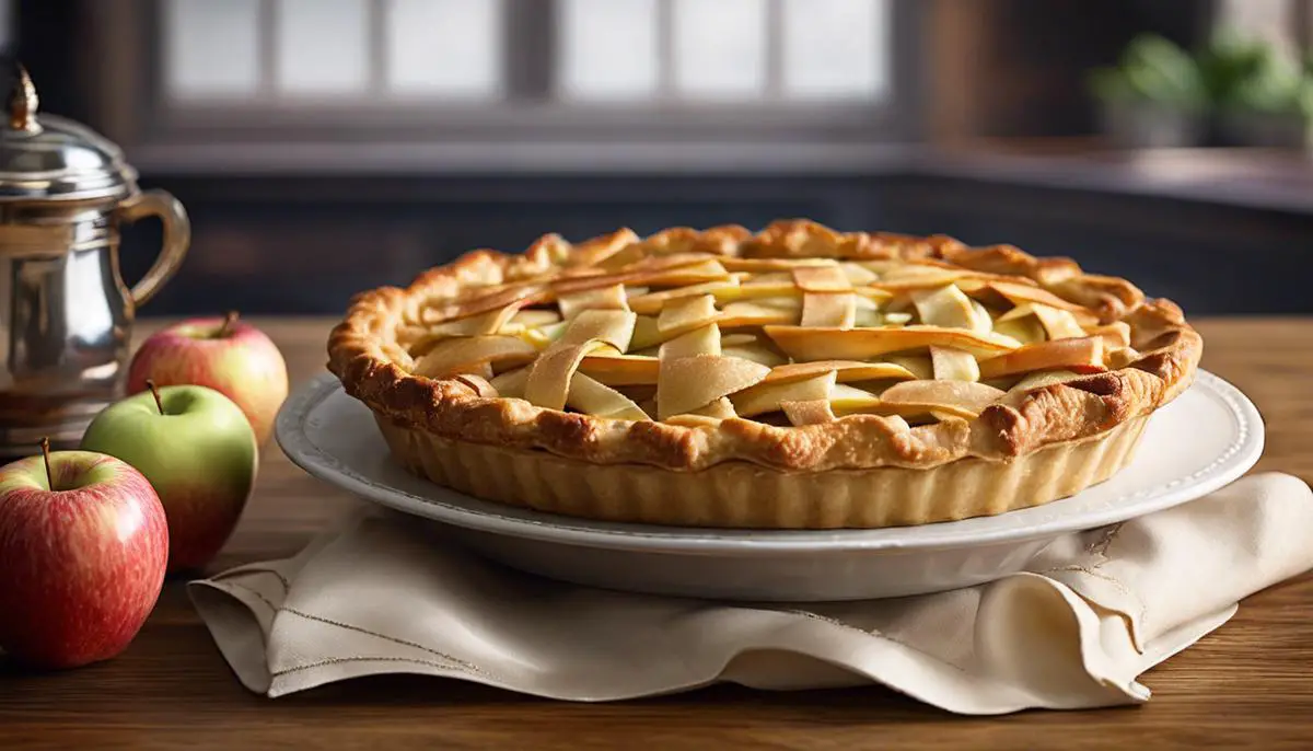 A delicious apple pie with a golden crust and freshly sliced apples on top.