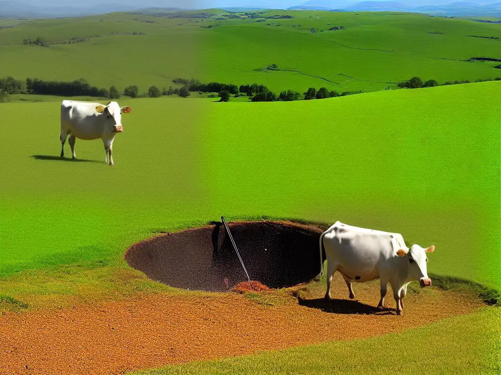 A cow eating apple pomace from a metal trough in a green pasture