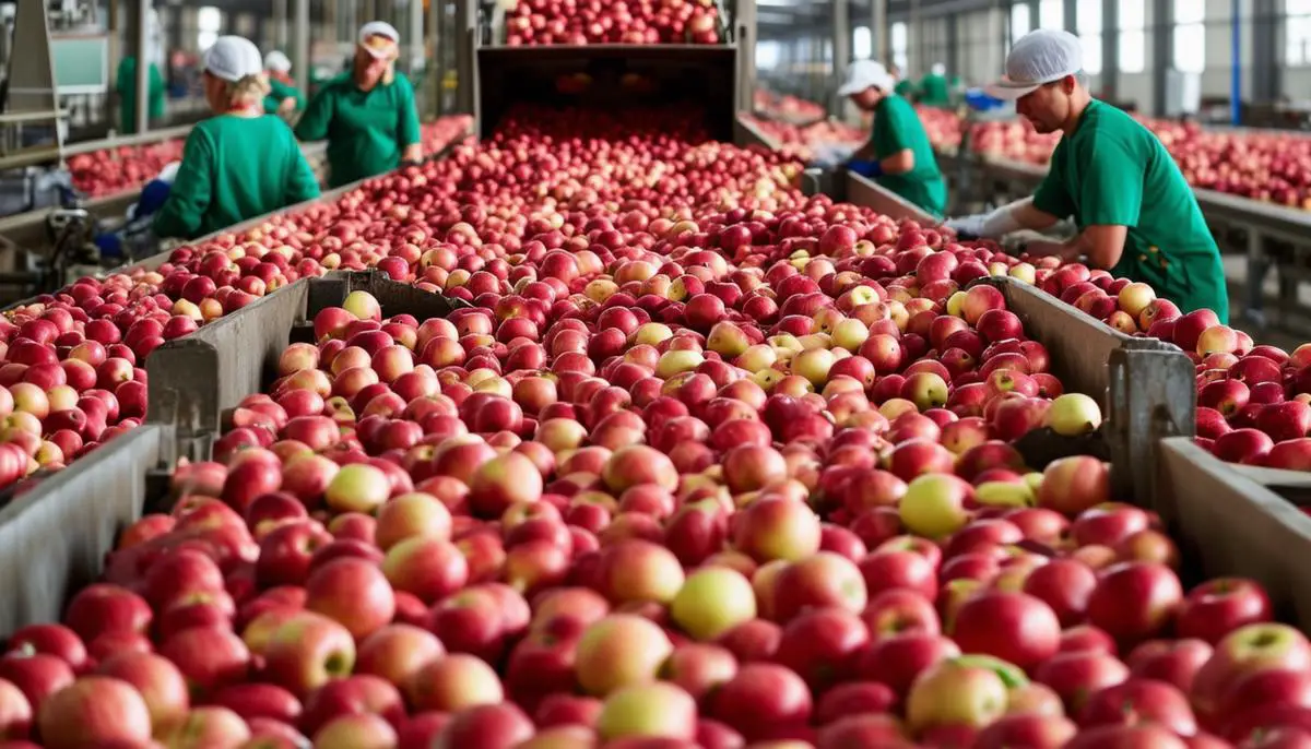 Bustling apple processing plant with workers and machinery in action