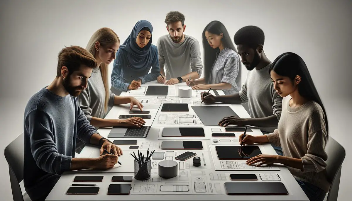 Designers working on sleek Apple product prototypes in a modern studio