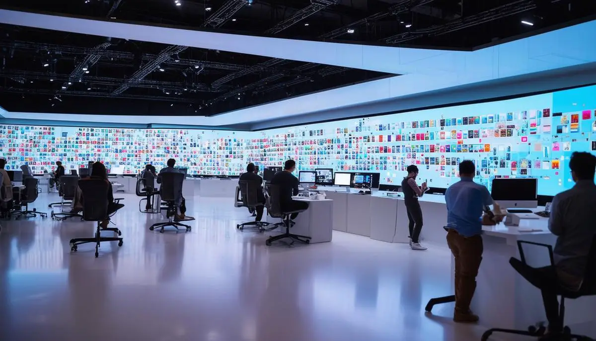 A buzzing social media command center during an Apple product launch