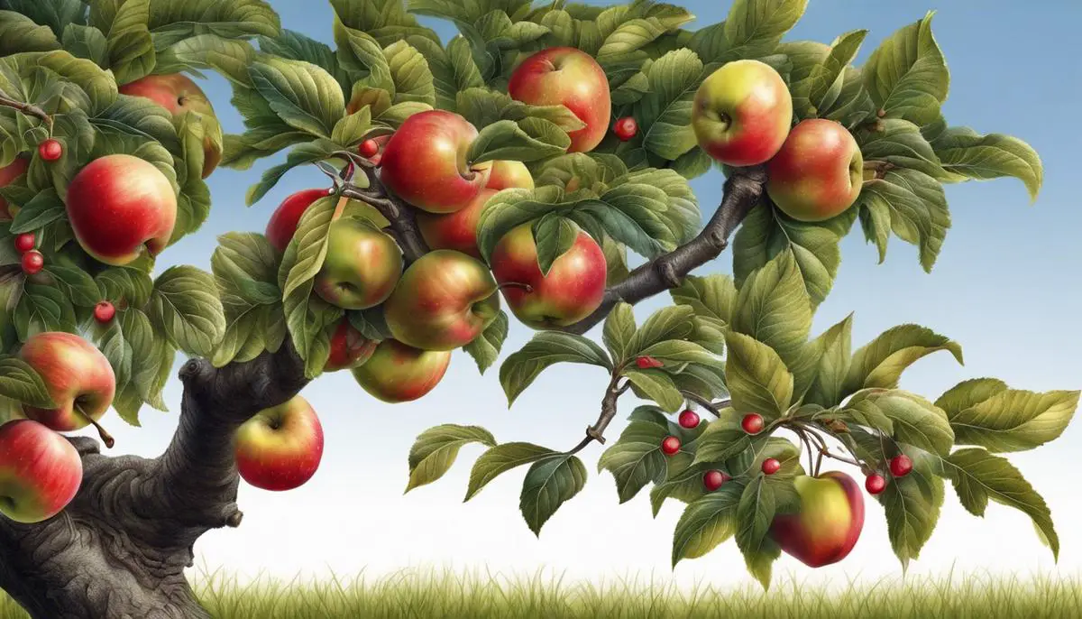 Illustration of an apple tree with branches and fruits