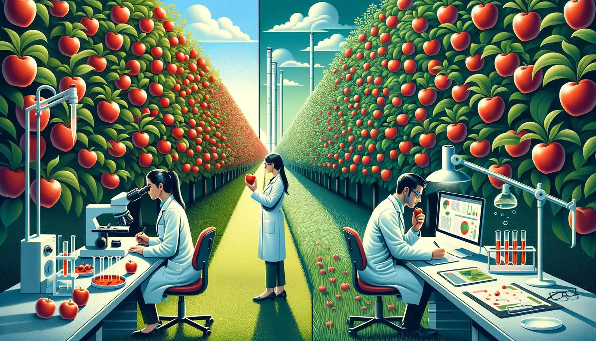 Split image showing an apple orchard and a laboratory setting with quality control measures