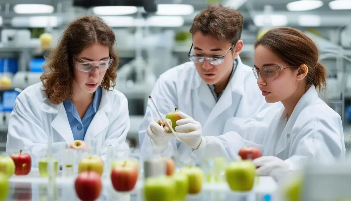 Scientists in a high-tech laboratory examining apple specimens and conducting experiments