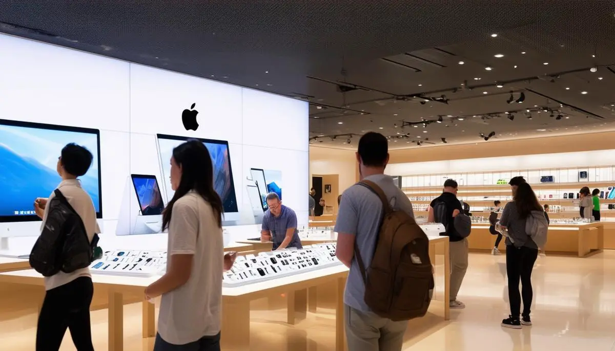 An Apple Store interior with customers exploring products and interacting with staff