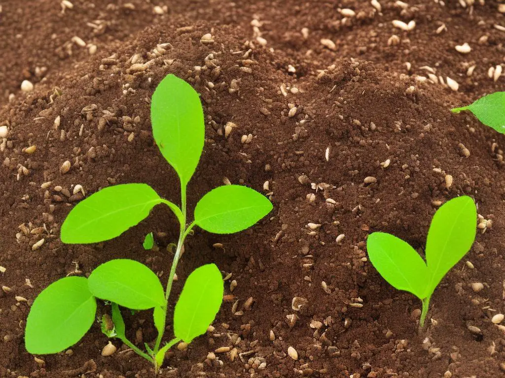 A close-up image of an apple seed sprouting from the soil, with the first set of leaves visible on top and the root system visible below the soil.