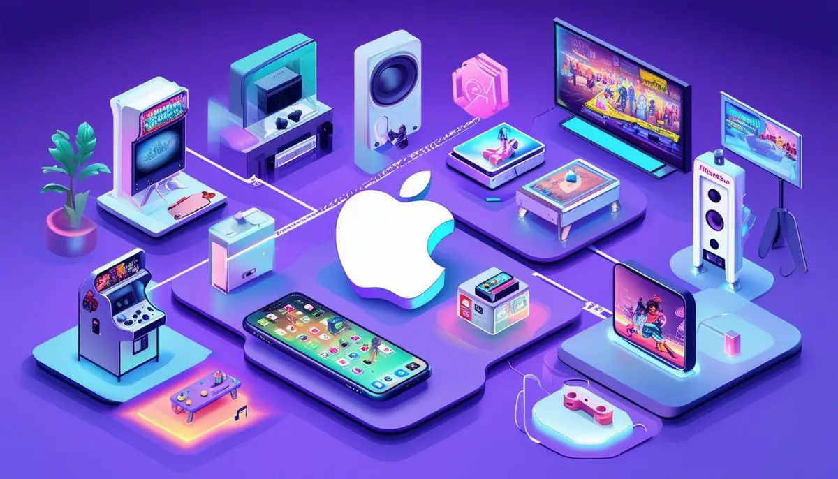 Illustration of Apple's expanded services ecosystem including Music, TV+, Fitness+, Arcade, and News+