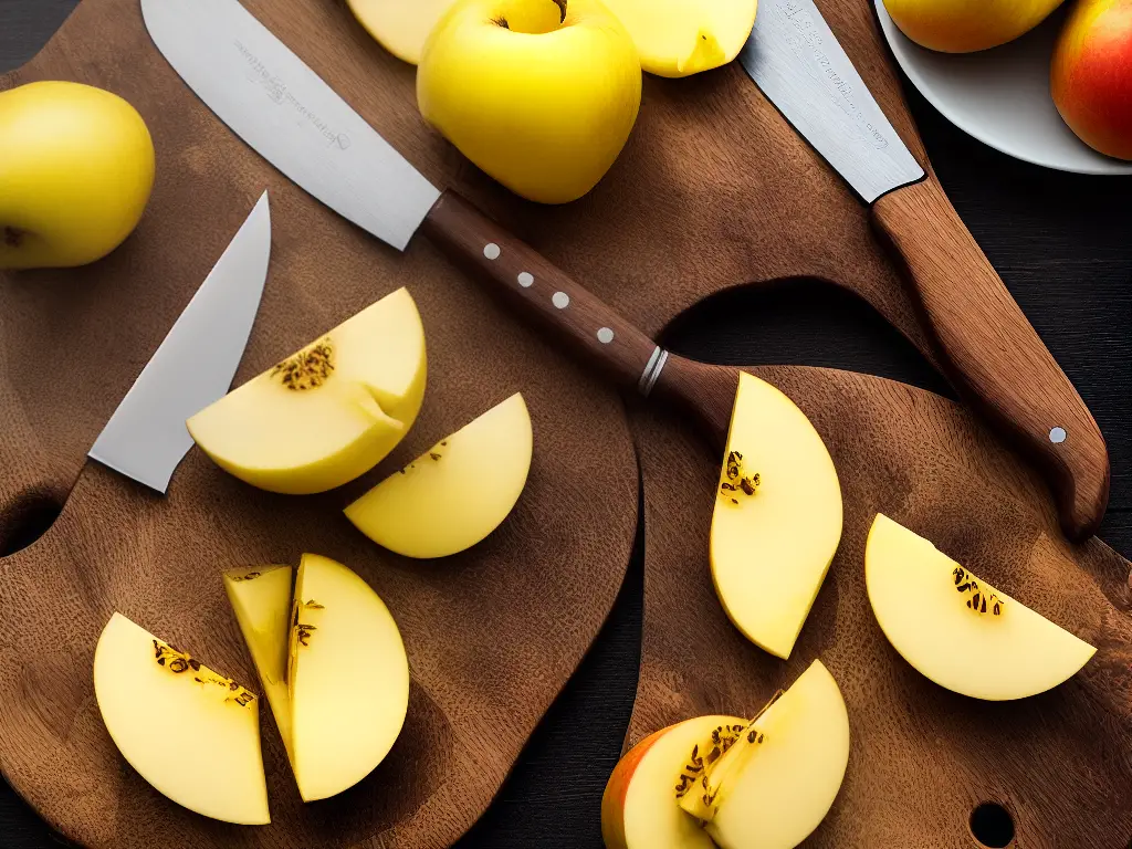 A plate of beautifully sliced golden apples with a knife beside it.