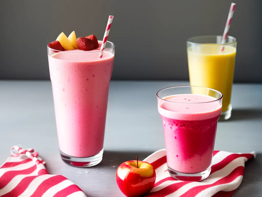 A glass filled with a smoothie made with Cortland apples mixed with other fruits and yogurt, with a bright red-striped straw in the middle.