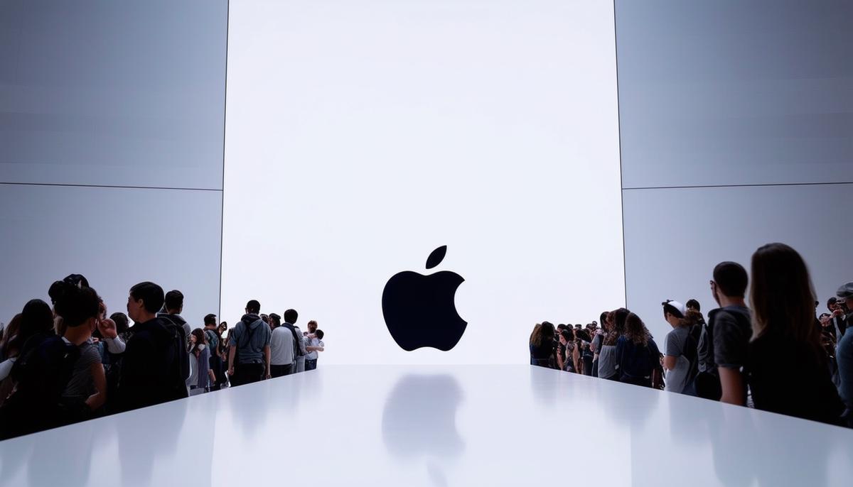 A minimalist Apple product launch event with excited attendees