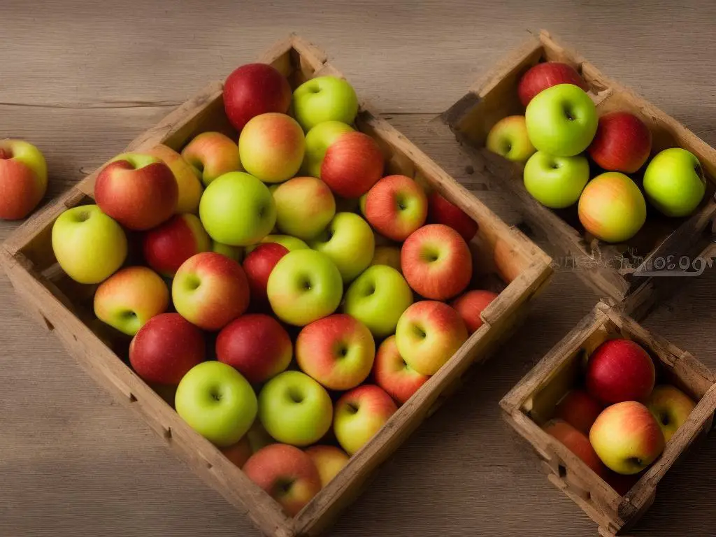 A picture of several apples in a wooden crate being stored in a cool, dry place.