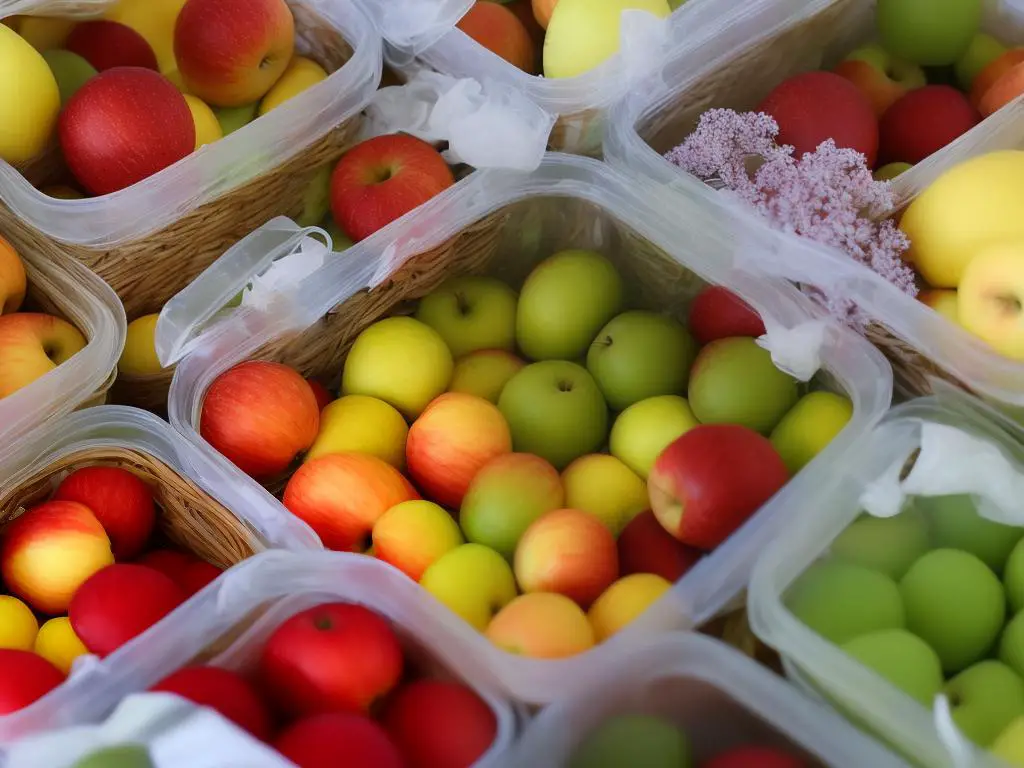 A basket full of apples stored in jars, plastic bags, and trays in a refrigerator and a pantry.