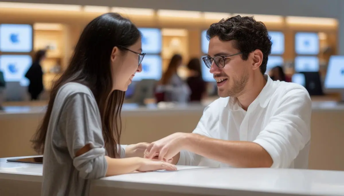 A friendly Apple Genius assisting a customer at the Genius Bar in an Apple Store