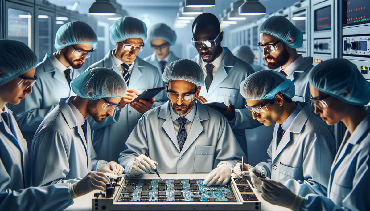 Apple quality control inspectors examining components from suppliers in a high-tech laboratory setting