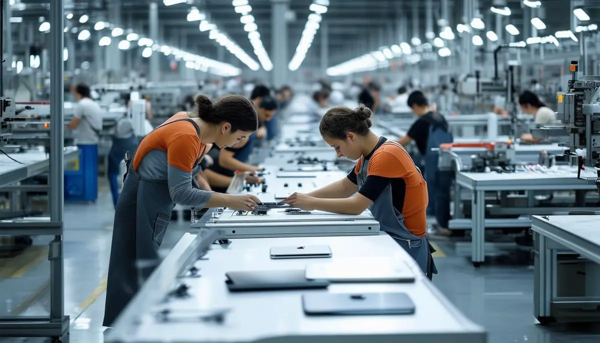 A busy manufacturing facility with workers assembling Apple products, surrounded by high-tech machinery and quality control stations