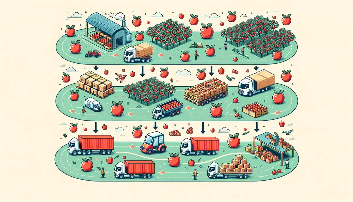 Illustration of the apple supply chain from orchard to consumer