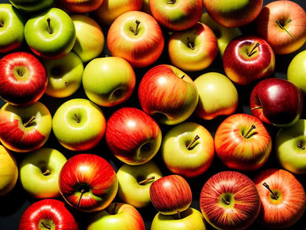 An image of different apple varieties grouped together, showcasing their different colors and sizes.