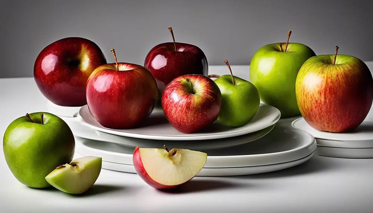 An image of different types of apples arranged beautifully on a plate.