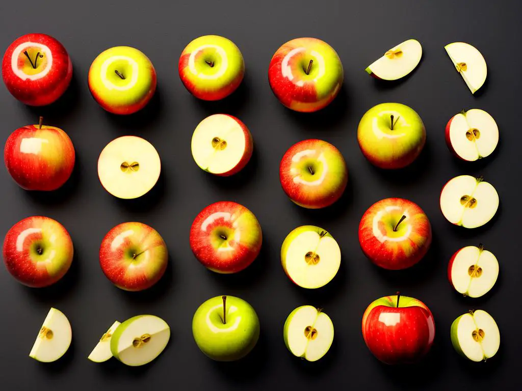 Illustration of various apple types with different flavors, shown in a chart format