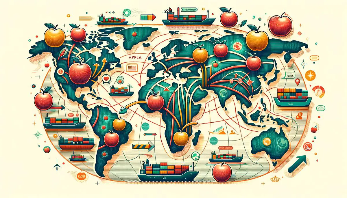 A visual representation of trade policies affecting apple exports, showing arrows and barriers between countries