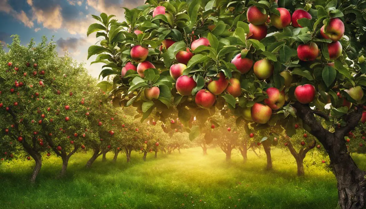 A healthy apple tree with many ripe apples hanging from its branches