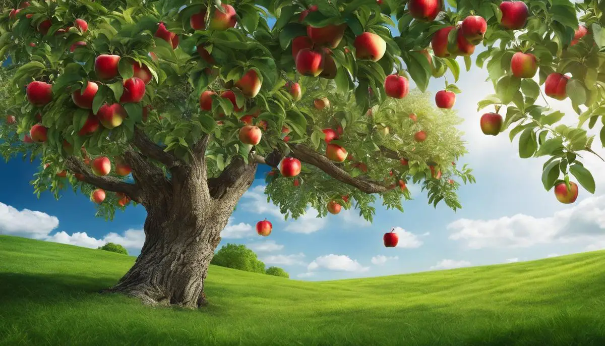 Image depicting a healthy apple tree with vibrant green leaves and red apples hanging from its branches