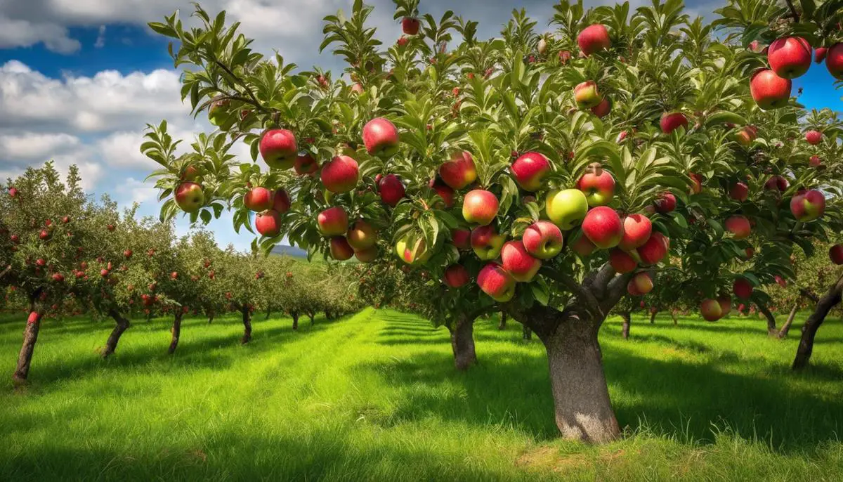 A green apple tree bearing ripe red apples in an orchard