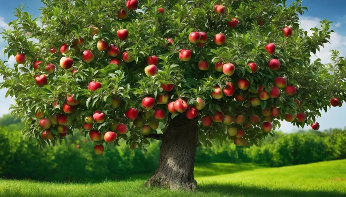 An image of a healthy apple tree with lush green leaves and ripe red apples hanging from its branches