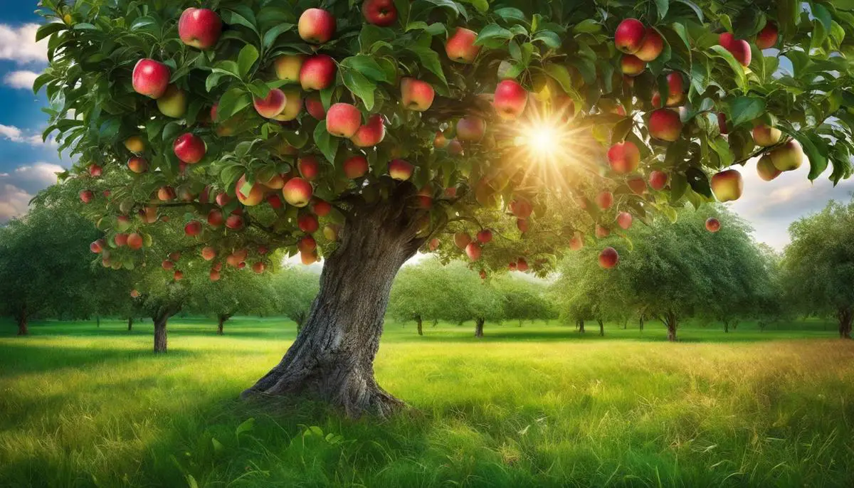 An image of a healthy apple tree with lush foliage and ripe apples hanging from its branches