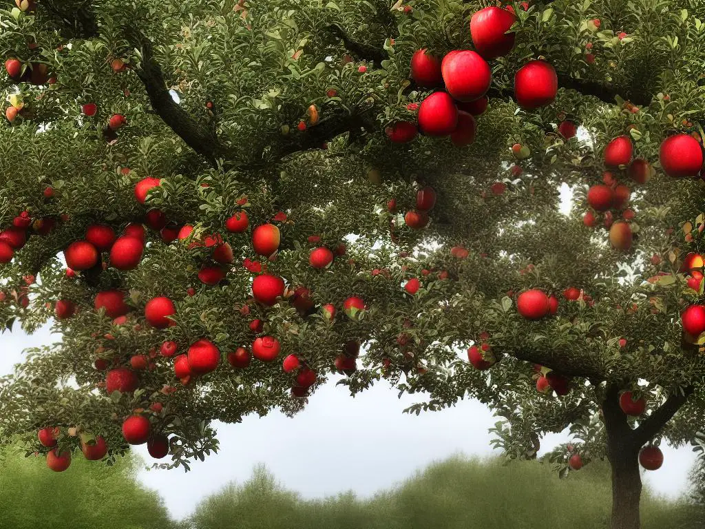 A photo of an apple tree with bright red apples hanging from its branches.