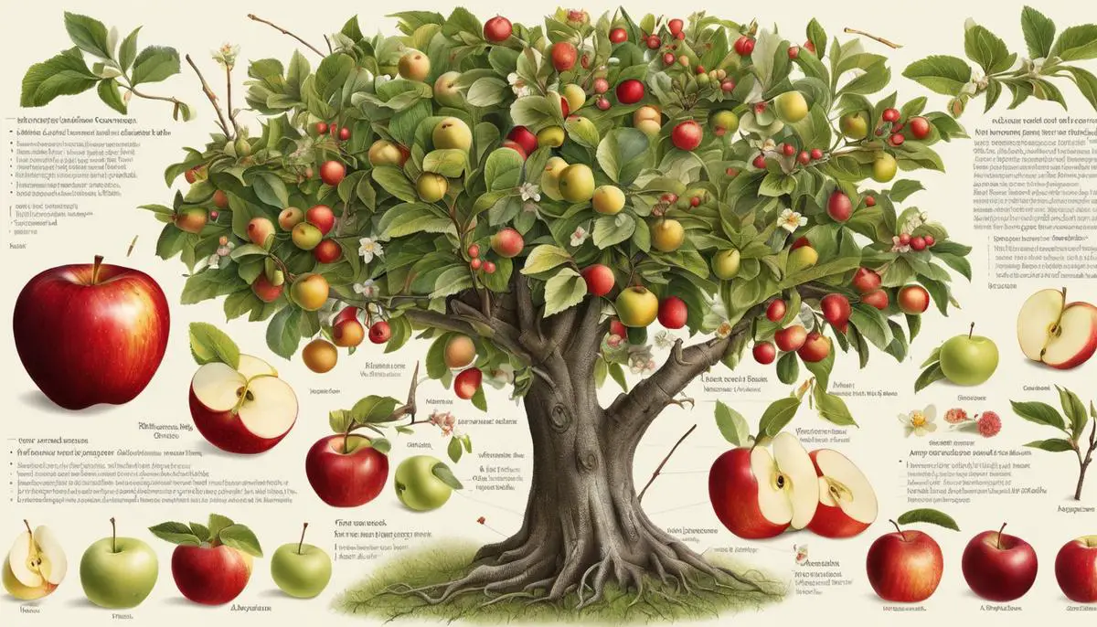 Illustration of the various parts of an apple tree's anatomy, including blossoms, stamens, pistil, pollen tube, ovary, and fruits.