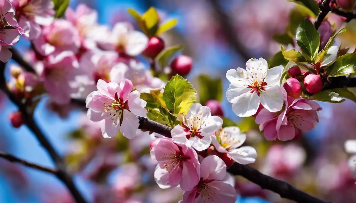 Image description: Close-up of blooming apple tree branches with various colorful flowers.