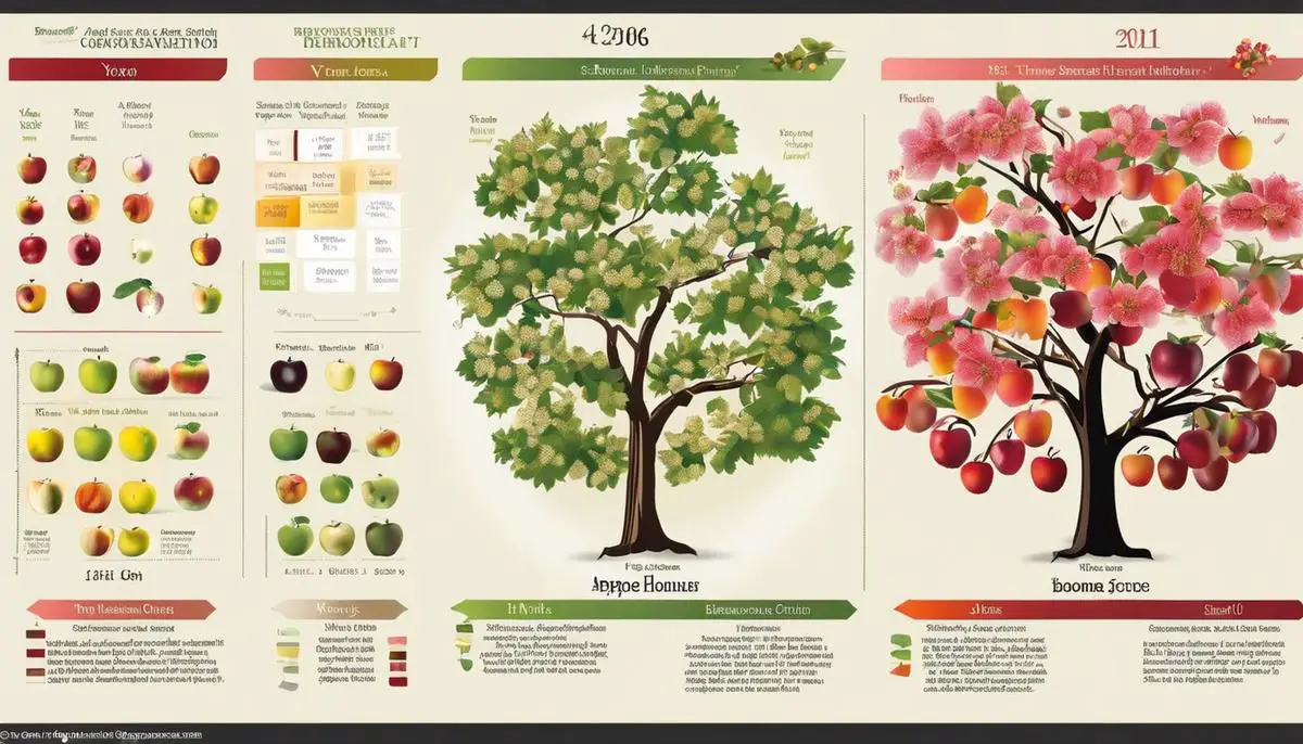 A diagram showing the blooming periods of different apple tree varieties. It illustrates the importance of matching bloom times for successful cross-pollination and fruit yield.