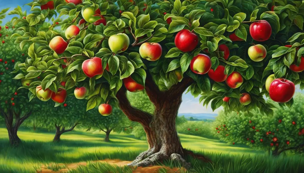 A beautiful image depicting a healthy apple tree with vibrant green leaves and ripe red apples hanging from its branches.