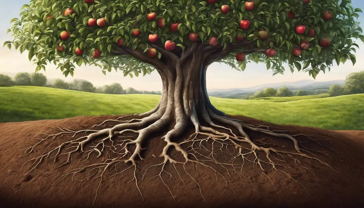 Image description: An illustration showing a healthy apple tree growing in clay soil, with its roots spreading deep into the ground.