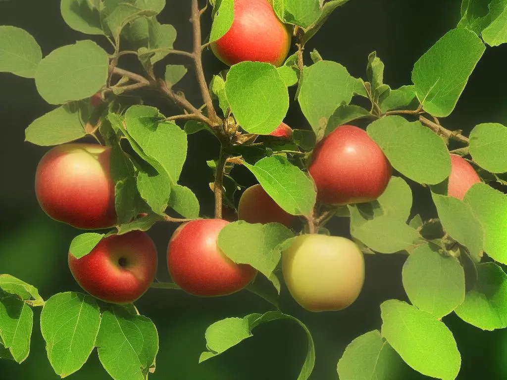 Illustration of apple tree with visible signs of disease, such as brown spots and discoloration on the leaves and fruit.