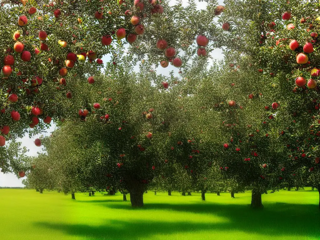 An image of a large apple tree on a farm with several apples hanging from the branches and green fields in the background.